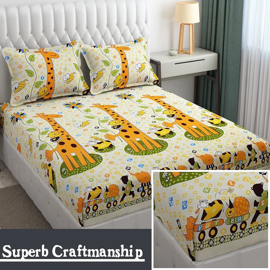 Fresh From Loom Bed Sheet Cartoon Printed Double Bed King Size Kids Bedsheet Yellow 144 TC Cream and Yellow