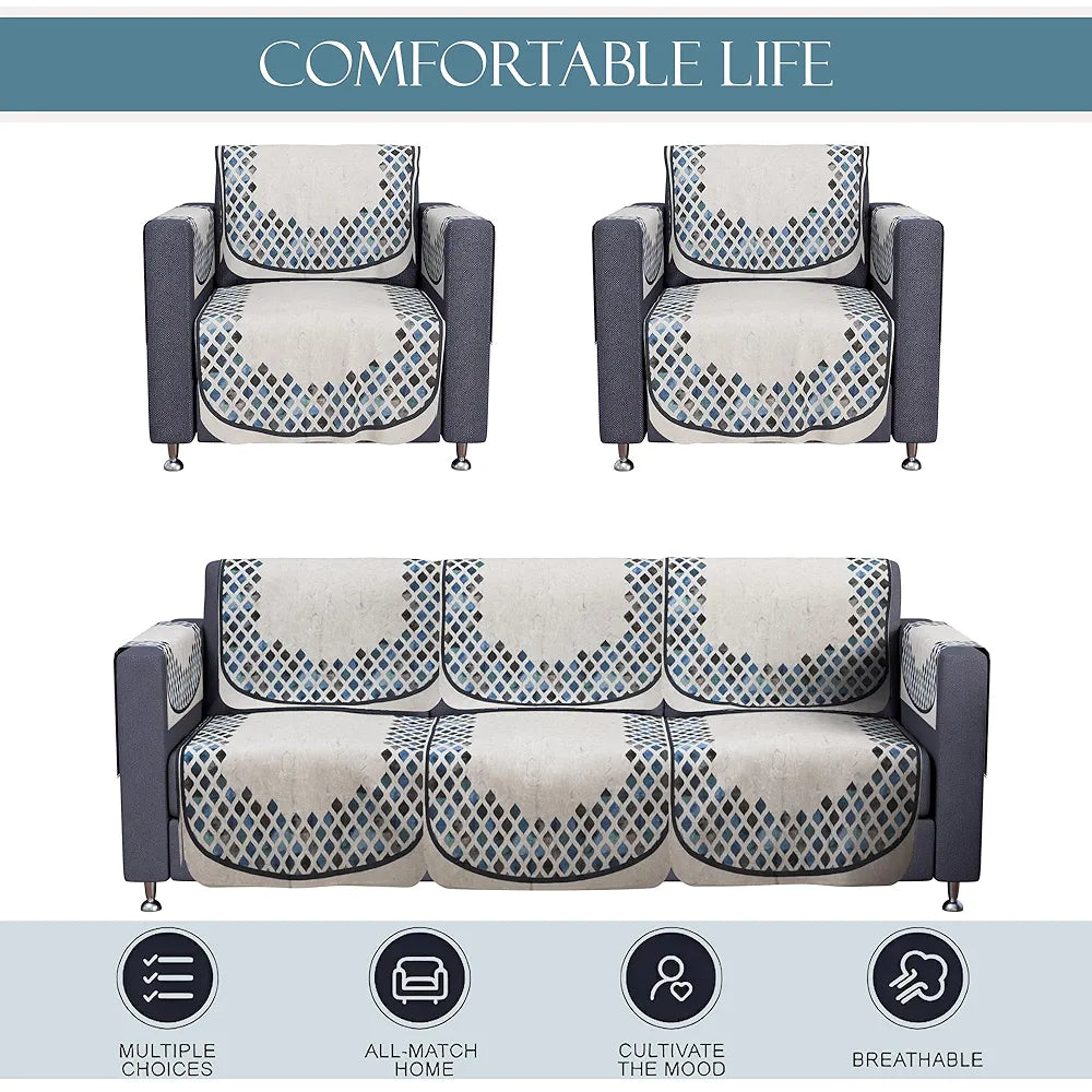 Kuber Industries Set of 16 Velvet Anti-Skid Sofa Cover 5-Seater with Arm Cover Dot Border Grey & Blue