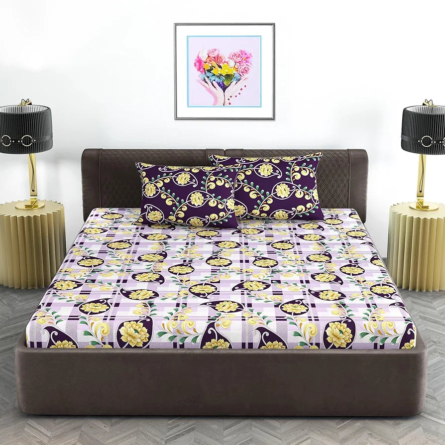 Divine Casa Double Size Bedsheet for Double Bed 144 TC Pure Cotton Queen Size with 2 Pillow Covers Floral Colour Royal Lilac