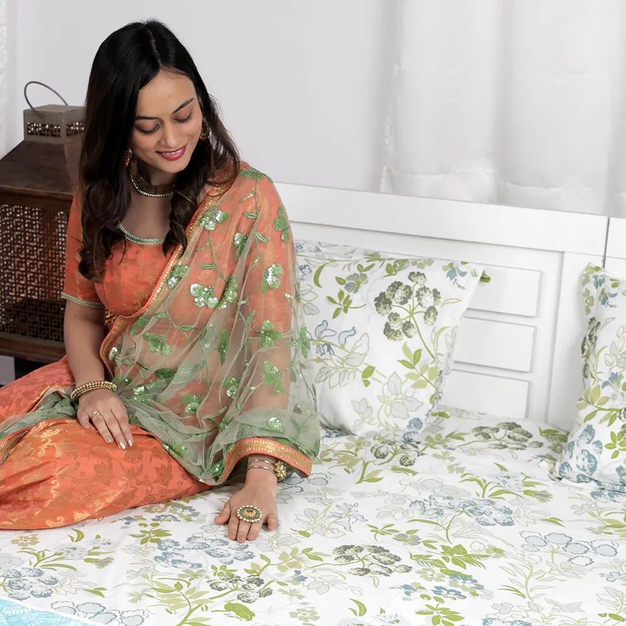 Divine Casa 144 TC Super Soft 100% Cotton Bedsheet for Double Bed  144 Thread Count Floral Colour Green Blush