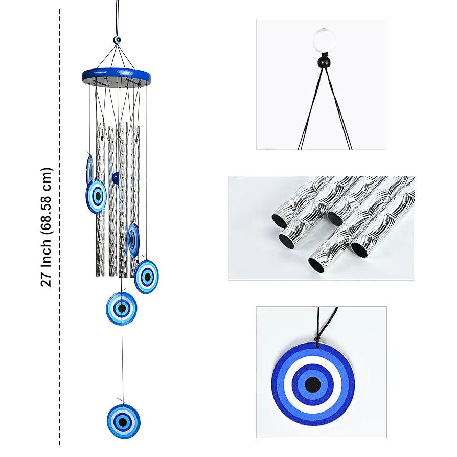 Evil Eye Wind Chimes for Home and Garden 4 Silver Pipe Wind Chime -015