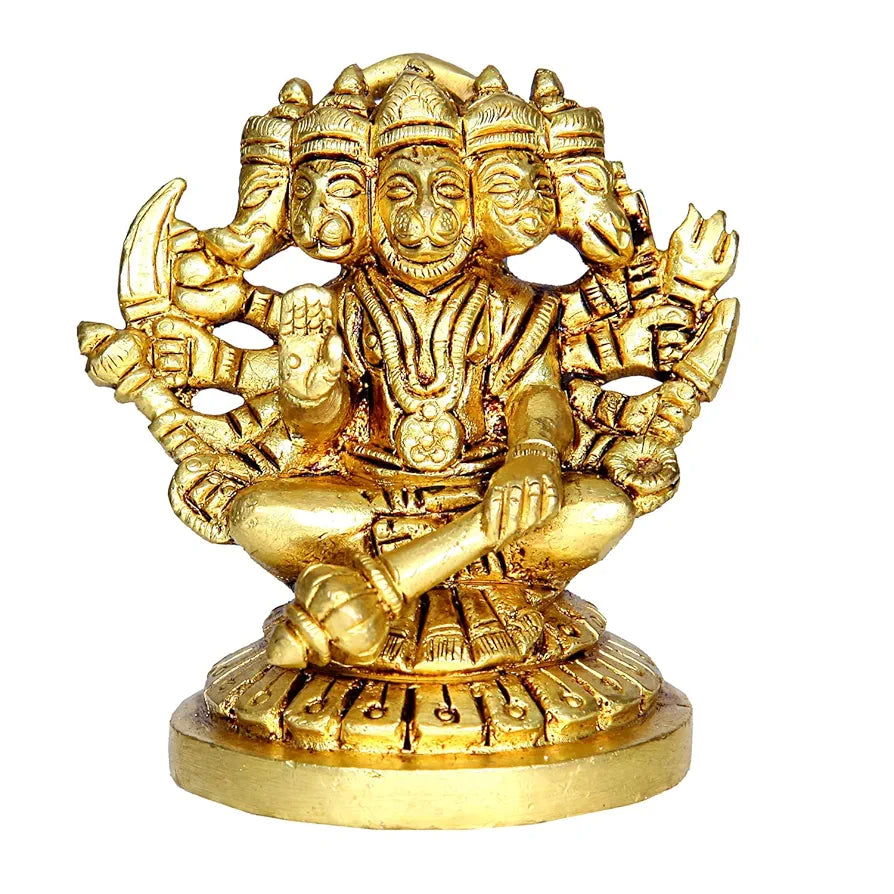 anciently Panchmukha Hanuman Sitting Brass Idol | Sitting Panchmukhi Hanuman Brass Statue | Sitting Brass Panchmukhi Hanuman 7cm Height, Gold Colour