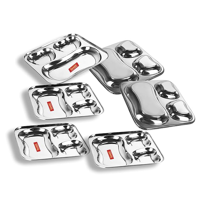 Sumeet Stainless Steel 3 in 1 Pav Bhaji Plate Plate 24.5cm Dia Set of 6pc