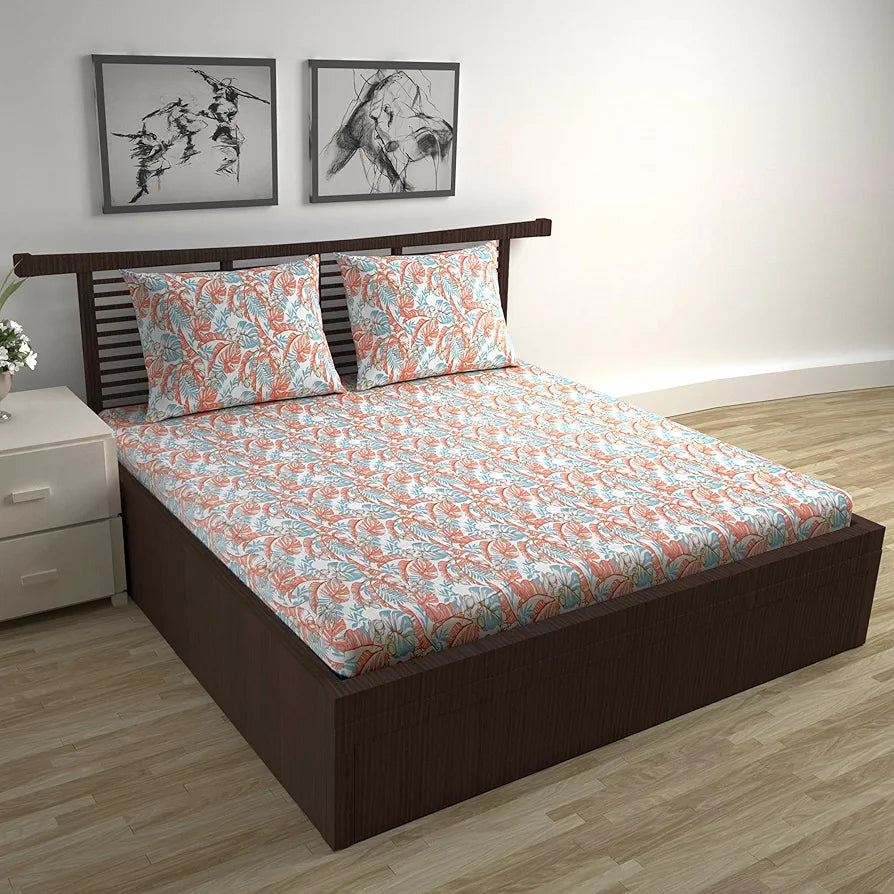 Divine Casa 144 TC Pure Cotton Double Bed Bedsheet with 2 Pillow Covers Floral Breeze Colour Coral Aqua