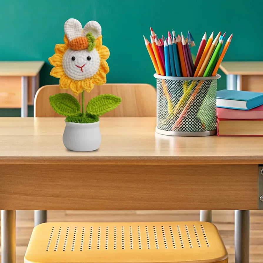 Crochet Flower Rabbit Sunflower With Pot. Artificial Handmade Knitted Flower Yellow