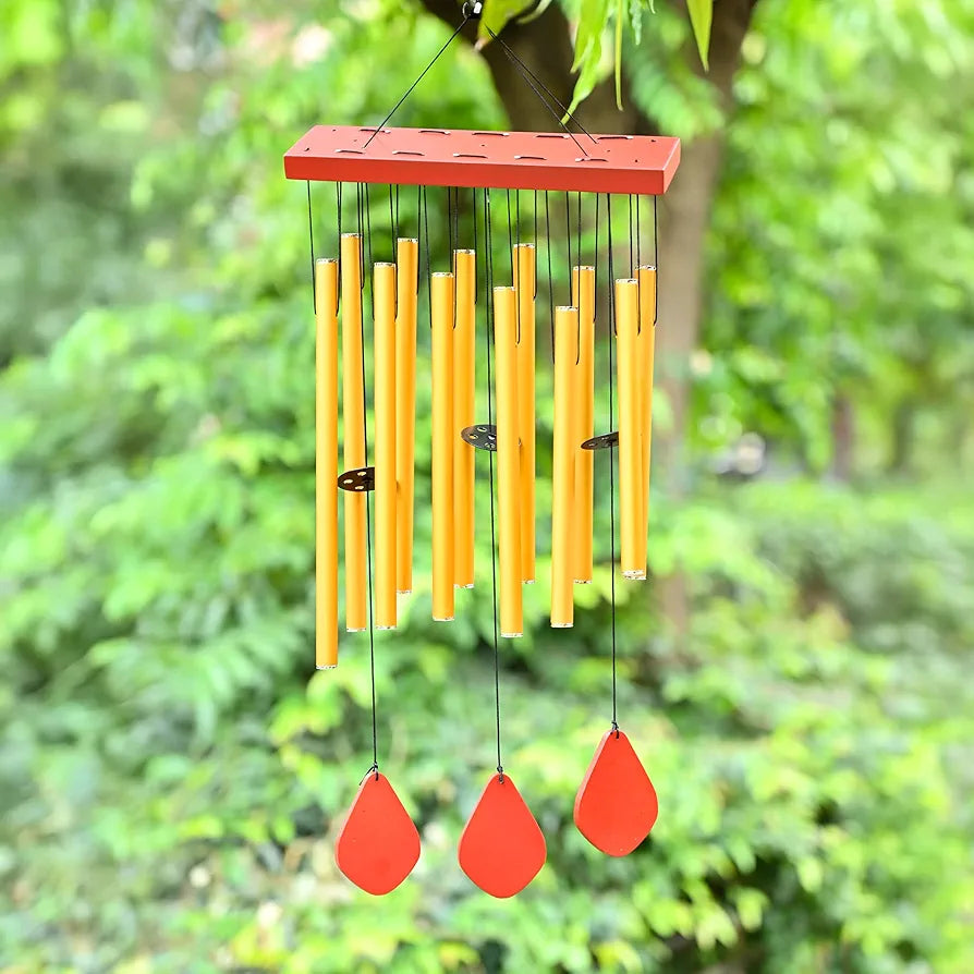 Zaicus Wind Chimes for Home Yellow Metal Pipes with Wooden Danglers Wind Chime-026