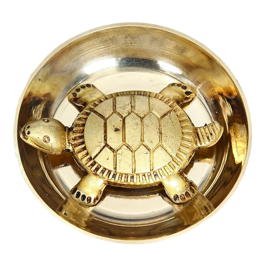 Anciently Feng Shui Tortoise for Good Luck | Brass Tortoise with Plate, Small Size, Brass, Gold Colour, 1 Set, Religious