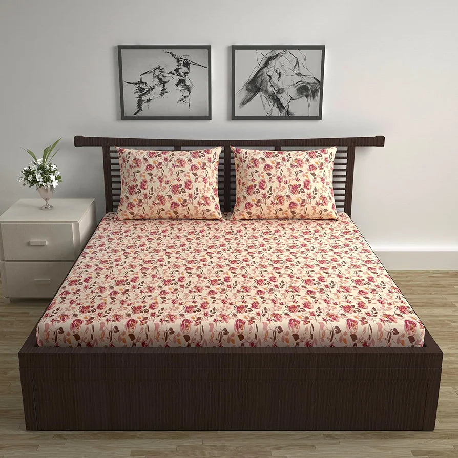 Divine Casa 144 TC Pure Cotton Double Bed Bedsheet with 2 Pillow Covers Rosy Floral Colour Sunset Red