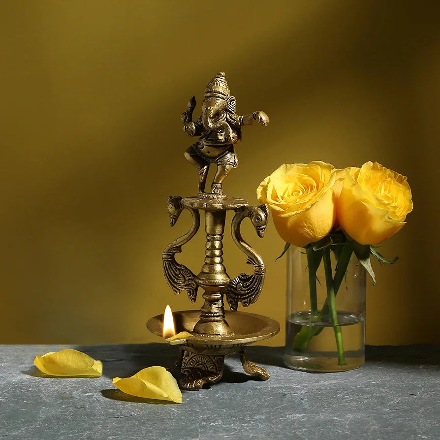 Two Moustaches Brass Dancing Ganesha Oil Diya with Base