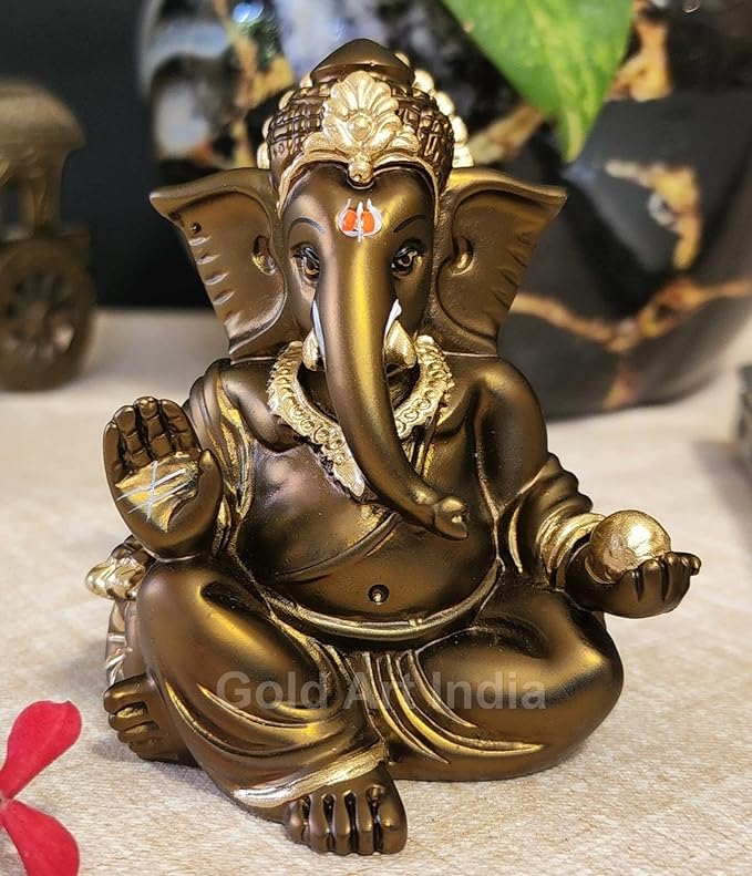 Gold Art India Gaddi Ganesh Idol for Car Dashboard Small Ganesha Murti for Home Decor Brown Color