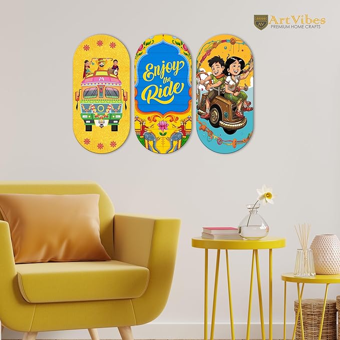 Artvibes Enjoy the Ride Travel Quote Wooden Wall Hanger for Home | Artworks | Set of 3