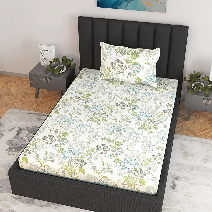 Divine Casa 100% Cotton Fitted Bedsheet Set for Single Bed 144 TC Single Bedsheet Set - Colour Floral Mineral Green