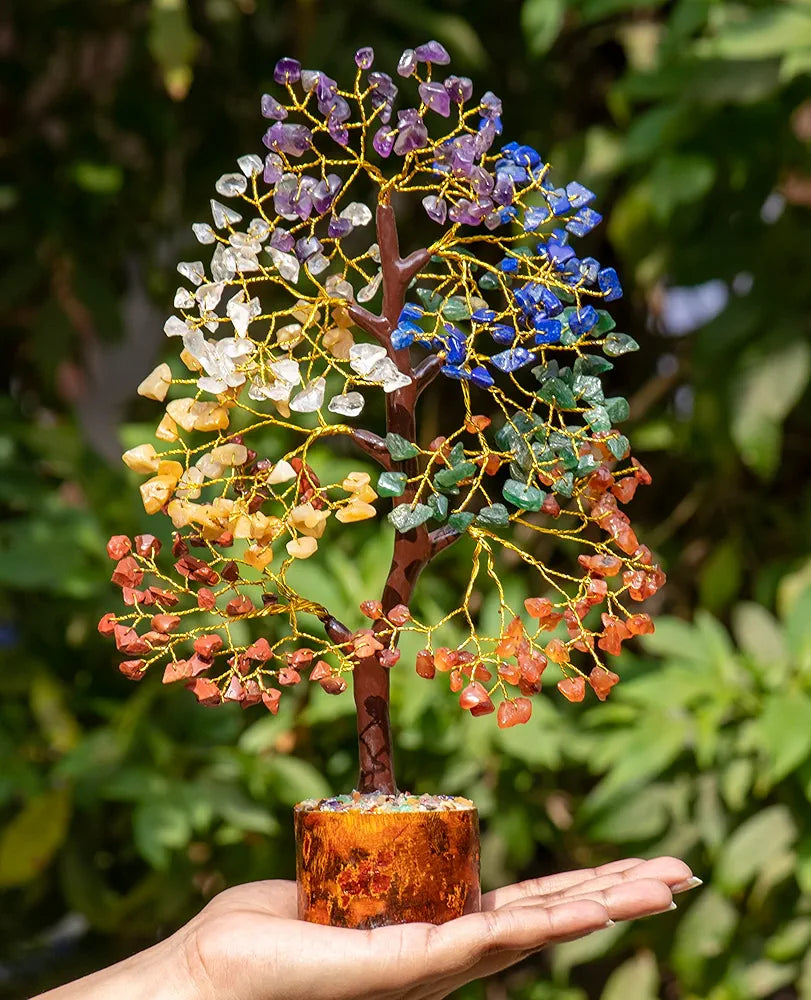 Zaicus Seven Chakra Crystal Tree of Life Stone Fortune Feng Shui Bonsai Golden Wire 10-12 Inch