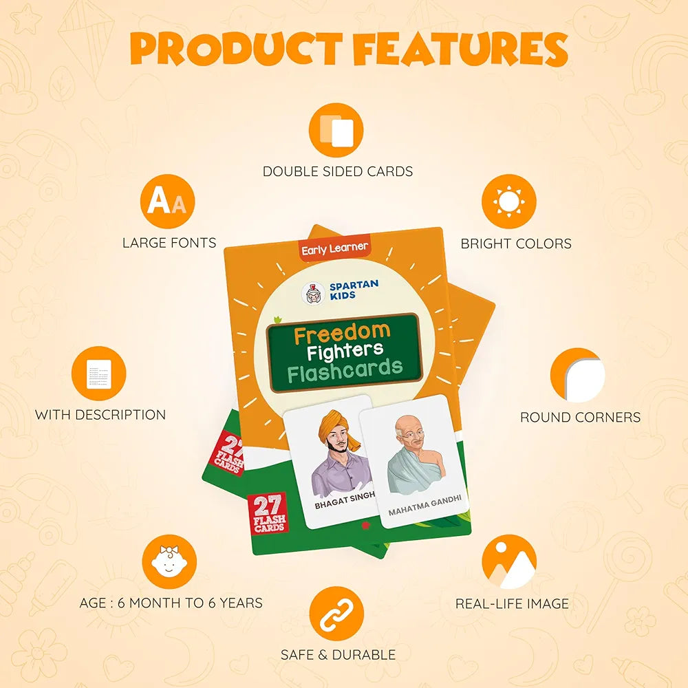 SPARTAN KIDS Freedom Fighters Flash Cards for Kids Cognitive_Skills| 27 Early Learning Flash Cards Easy & Fun Way of Learning 1 Year to 6 Years Babies