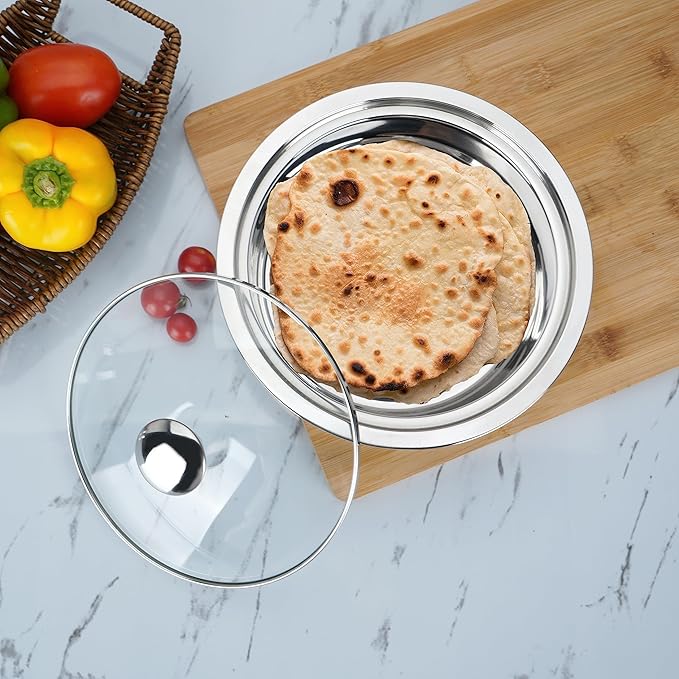 Sumeet Smart Serve Stainless Steel Double Wall Insulated Hot Roti Glass Lid 1600 milliliter 1pc Silver
