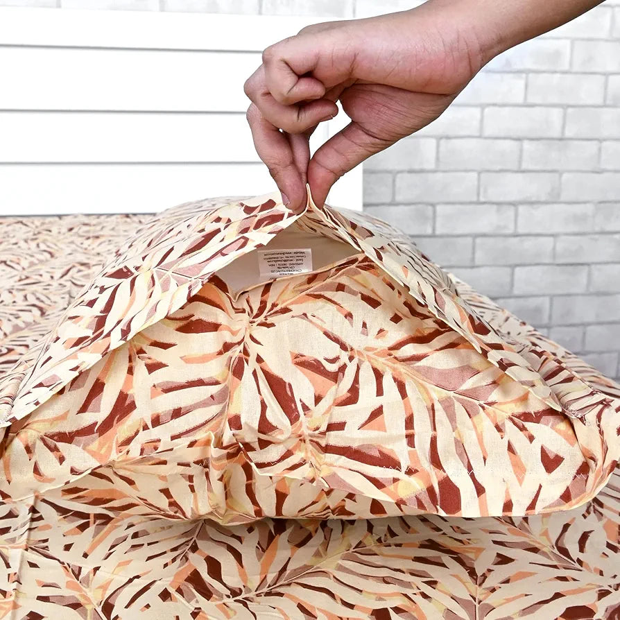 Divine Casa 144 TC 100% Pure Cotton Single Size Bedsheet with 1 Pillow Cover Tropical Leaf Colour Cream Brown