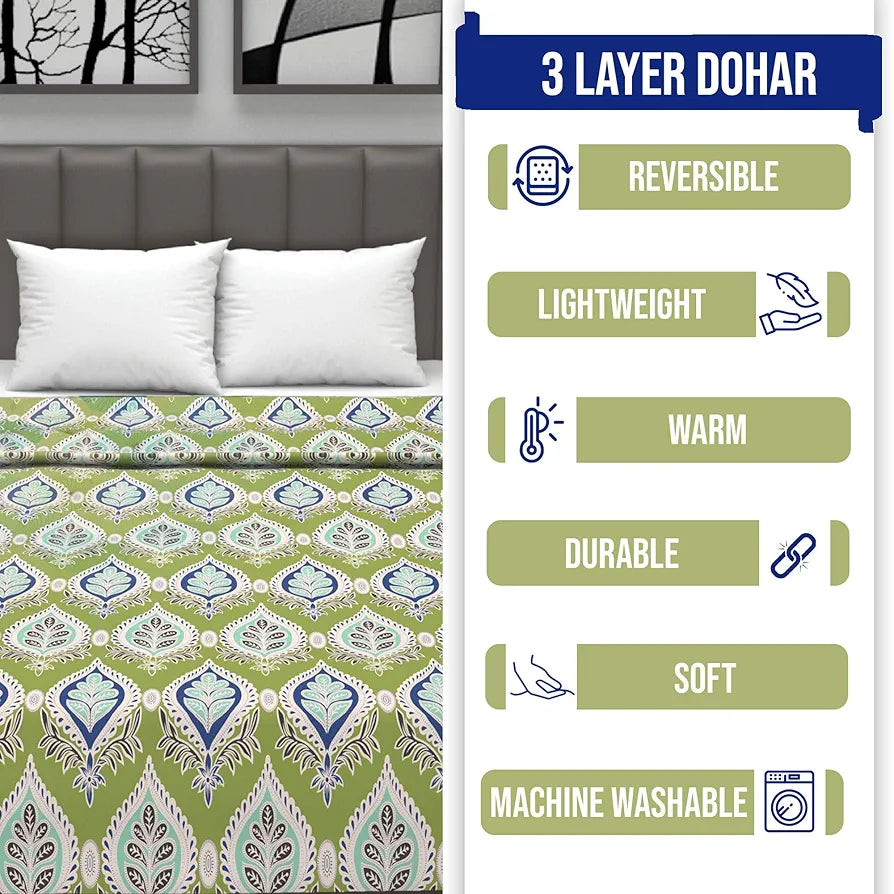 Divine Casa Floret 100% Cotton Single Dohar 120 GSM Soft & Lightweight Throw Blanket Colour Palm Green