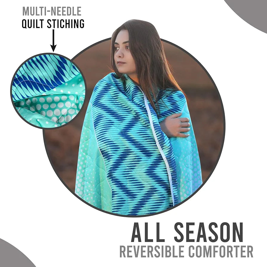 Divine Casa 120 GSM Microfiber Single Bed Comforter Soft & Lightweight Reversible AC Blanket Colour Aqua Chevron