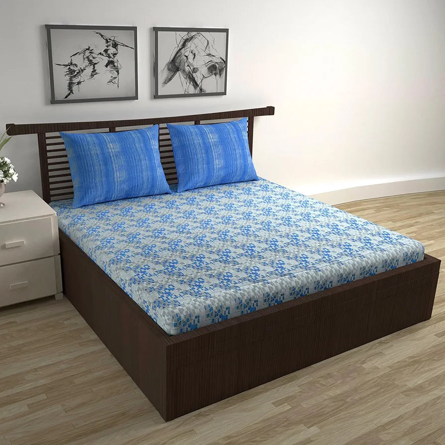 Divine Casa 144 TC 100% Pure Cotton Queen Size Double Bed Bedsheet with 2 Pillow Covers  Geometric Pixel Colour Blue White