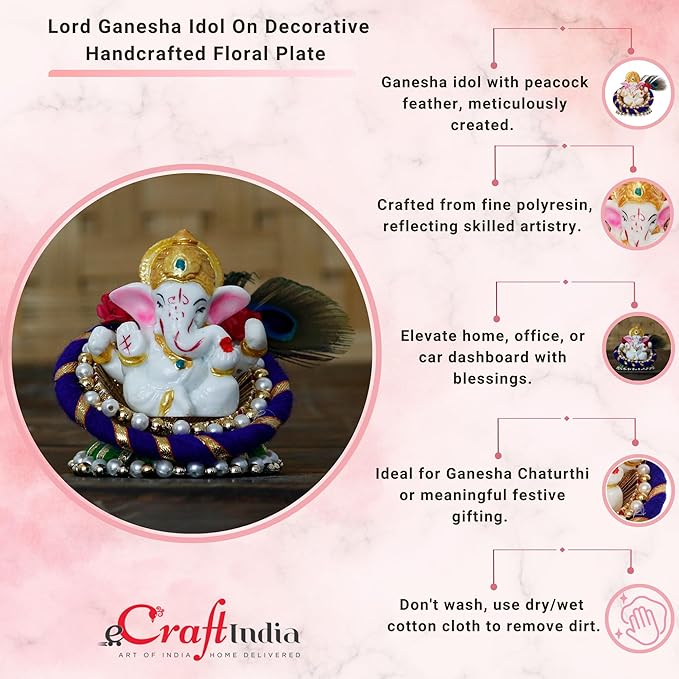 Ecraftindia Resin Lord Ganesha Idol on Peacock Feather Decorative Plate | Ganesha Idol for Home Decor