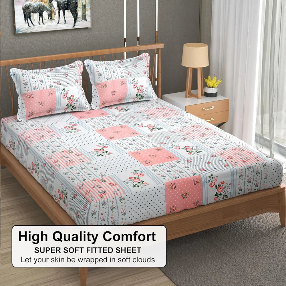 Fresh From Loom Floral Print King Size Fitted Bedsheet Set Microfiber 240 TC 2 Pillow Covers Pink White