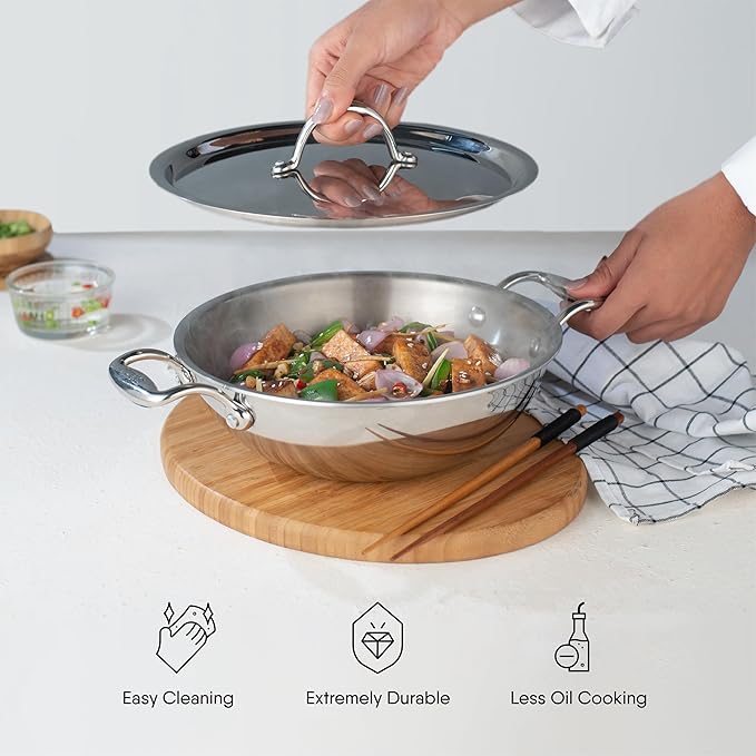 Stahl Artisan Triply Stainless Steel Kadhai With Lid | Kadai for Cooking | Induction & Gas Stove Compatible | 8 Litres | 34 Cm