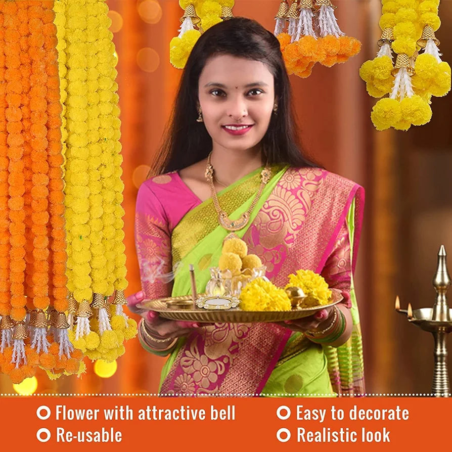 Artificial Genda Phool for Decoration Flowers Garland with Bell 5 Feet Long 10 Pcs with 2 Diya Yellow+Orange