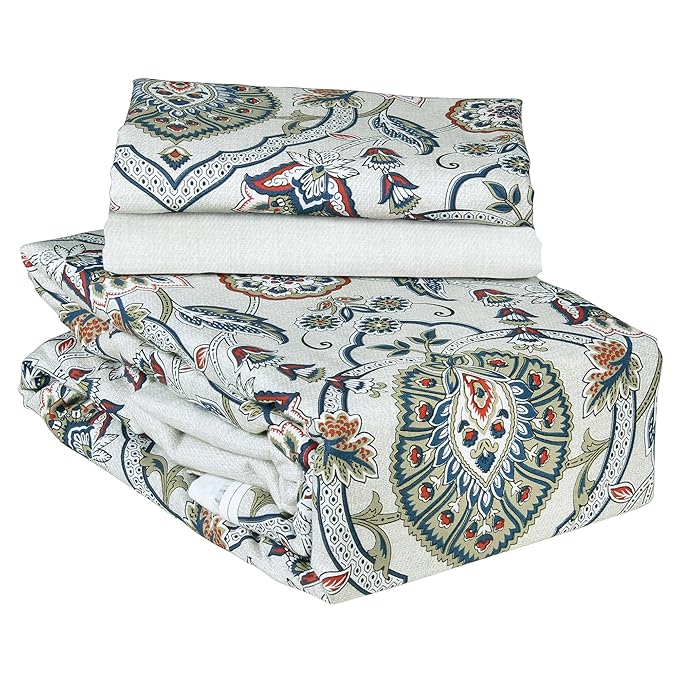 Story@Home Cotton Traditional Print King Size Bedsheet with 2 Pillow Covers Blue & Grey Colours