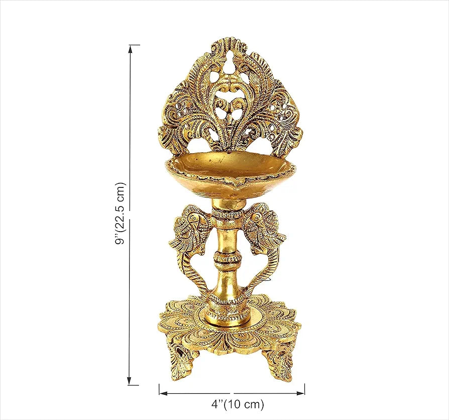 Two Moustaches 9 Inches Ethnic Twin Peacock Design Brass Oil Diya with Base