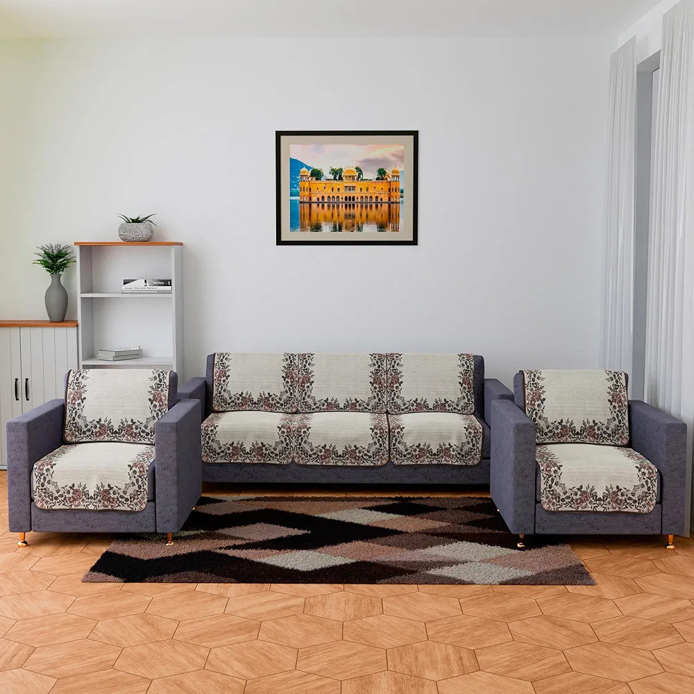 Kuber Industries Sofa Cover Set 5-Seater Couch Cover Brown Gulab Border Crown Sofa Cover Cream