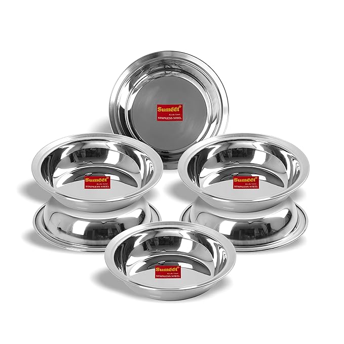 Sumeet Stainless Steel Heavy Gauge Multi Utility Serving Plates with Mirror Finish 19cm Dia Set of 6pc