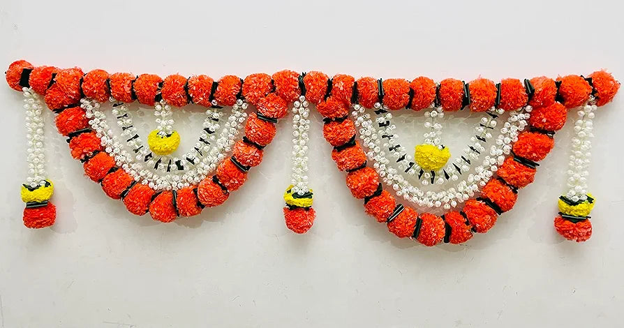 Artificial Marigold Fluffy Flowers Garlands Door Toran Set/Door Hangings Dark Orange with Jasmine and leaves