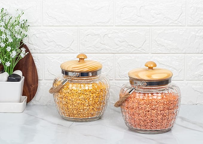 Femora Kitchen Storage Jars Embossed Glass Jar With Wooden Lid & Jute Chain Air Tight Jar | 2000 Ml | Pack of 2