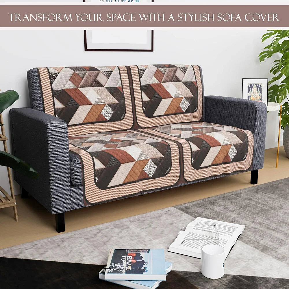 Kuber Industries Set of 4 Velvet 2 Seater Sofa Covers for Living Room Triangular-Cream & Brown
