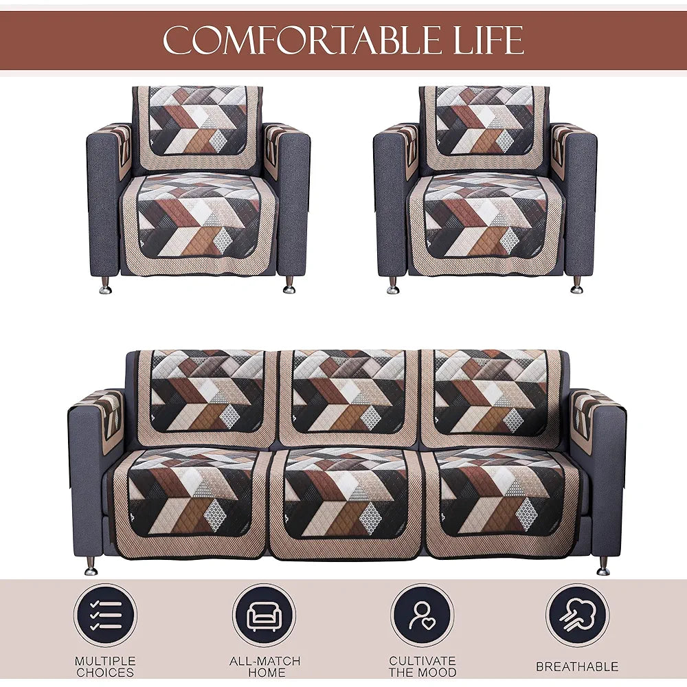 Kuber Industries Set of 16 Velvet Anti-Skid Sofa Cover 5-Seater with Arm Cover Triangular Cream & Brown