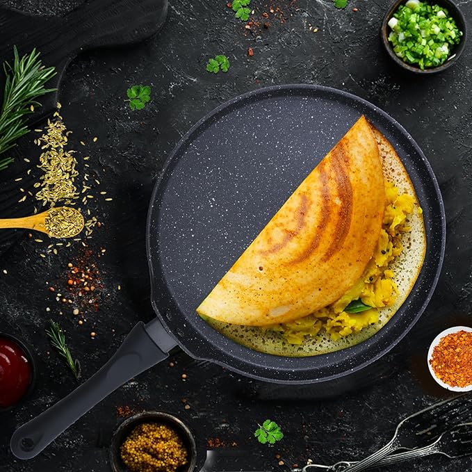 Solara Granite Dosa Tawa Non Stick Pan 28cm, Dosa Tawa Induction Base & Gas Compatible With Soft-touch Handles | Black