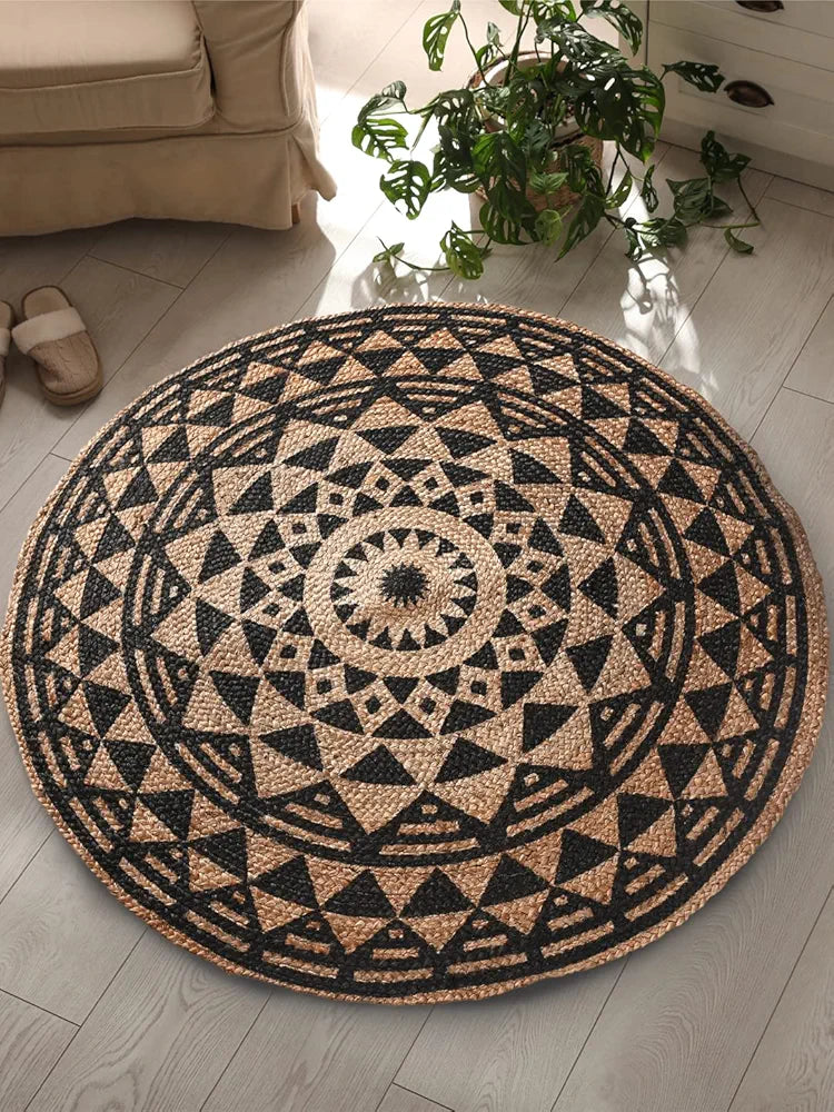 Sashaa World Handwoven Black Symmetric Design Jute Rugs Round Braided Floor Carpet Mat