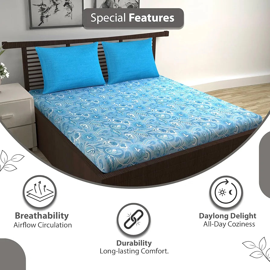 Divine Casa 144 TC Pure Cotton Double Size Bedsheet with 2 Pillow Covers Floral Paisley Colour White Aqua Blue