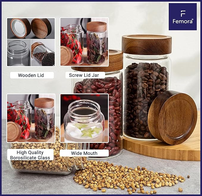 Femora Kitchen Storage Jars Borosilicate Glass With Wooden Lid Air Tight Jar | 750 Ml | Pack of 6 | Transparent