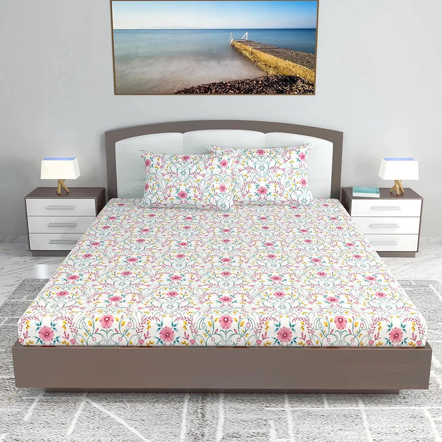 Divine Casa 144 TC Cotton White Jaipuri Bedsheets for King Size with 2 Pillow Covers Colour Liberty Pink