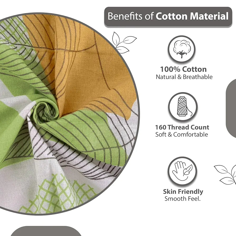 Divine Casa Double Size Bedsheet for Double Bed, 144 TC Pure Cotton Queen Size with 2 Pillow Covers Floral Colour Sage & Mustard