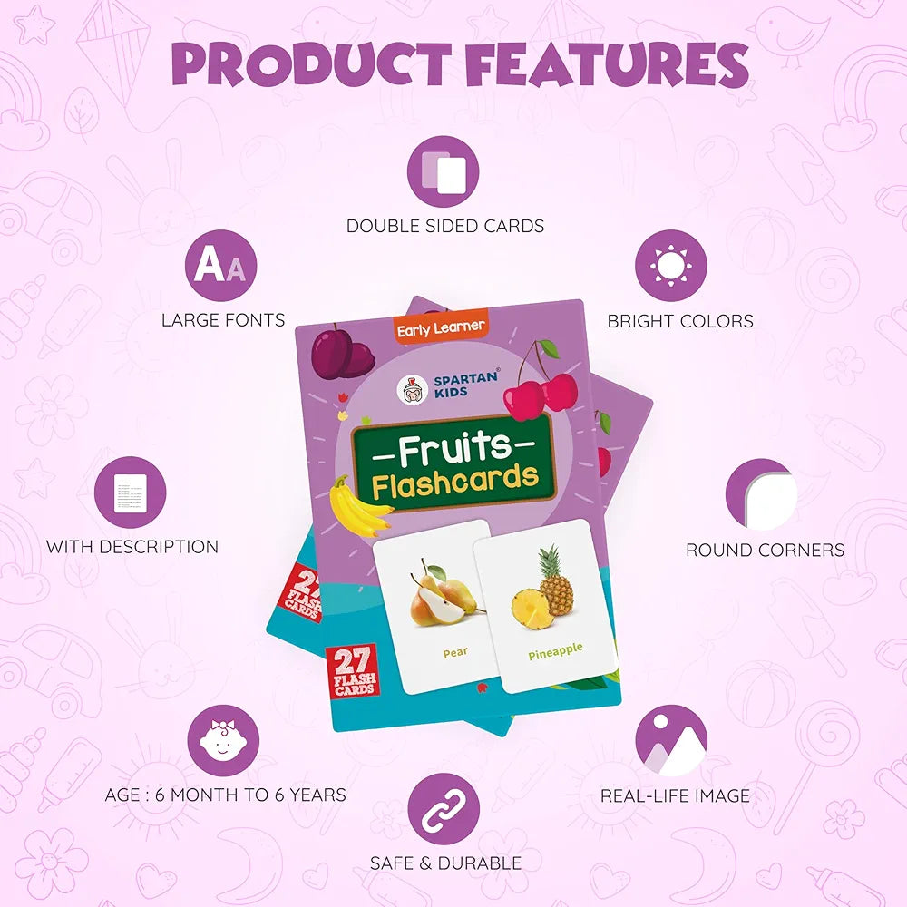 SPARTAN KIDS Fruits Flash Cards for Kids | 27 Early Learning Flash Cards Easy & Fun Way of Learning 1 Year to 6 Years Babies, for Cognitive_Skills