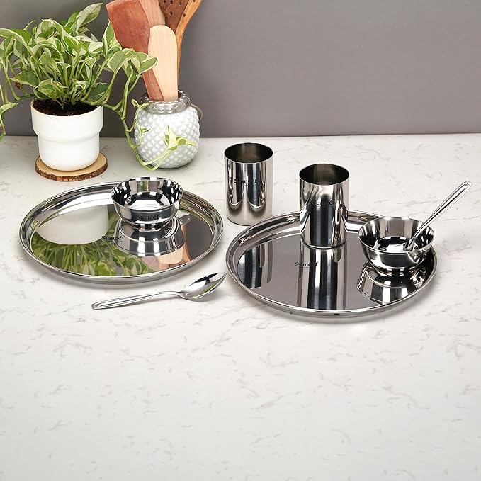 Sumeet Stainless Steel Heavy Gauge Mirror Finish Dinner Set of 8 Pcs Silver