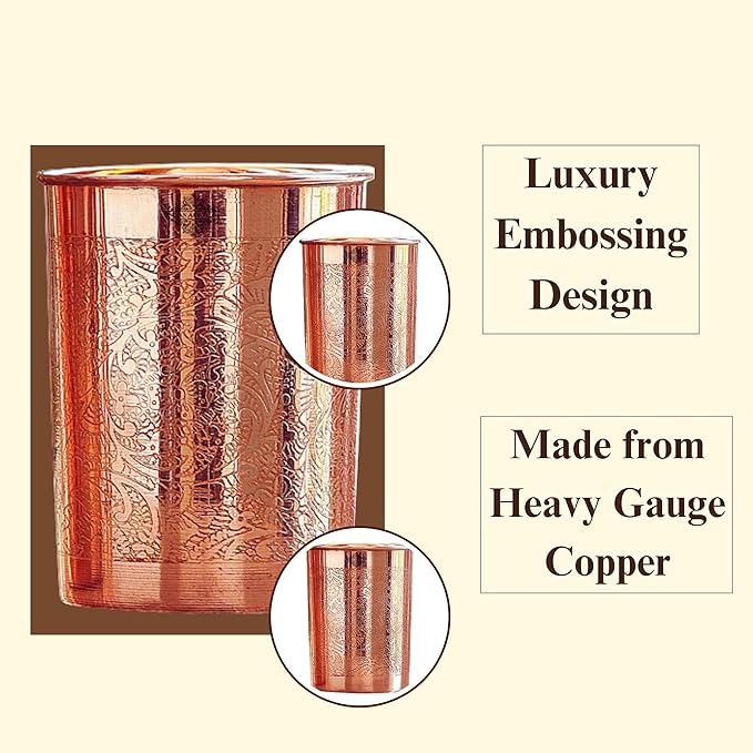 Indian Art Villa Pure Copper Plain Glass With Embossed Design Each - 70 gms