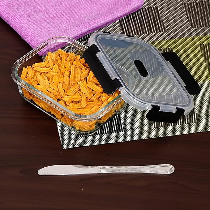 Femora Borosilicate Rectangle Microwave Oven Safe Glass Container With Dectahable & Break Free Lid | Black Color | 400 Ml