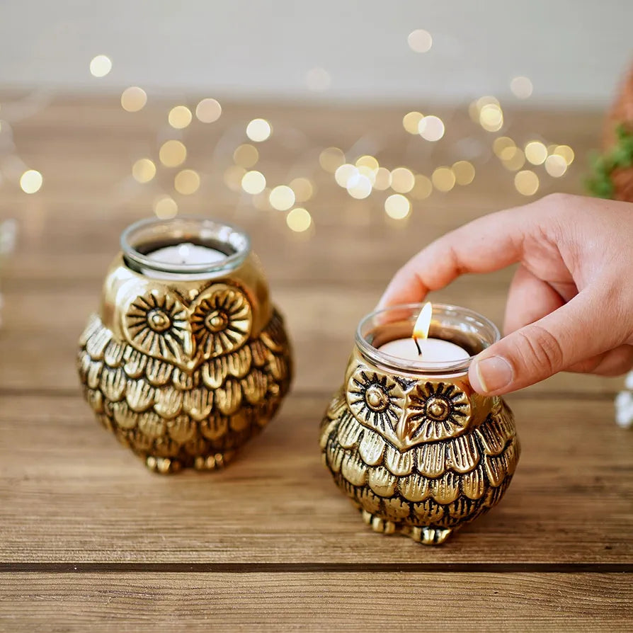 BEHOMA Aluminium Owls with Votives Set of Mother and Child | Statue for Home Decor Tabletop Living Room | Candle Holder Gift Showpiece for Mothers Day, Birthday, Anniversary | Votives Candle Included