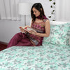 Divine Casa 144 TC 100% Cotton Double Bedsheet with 2 Pillow Covers Floral Pattern Colour Blue Mints