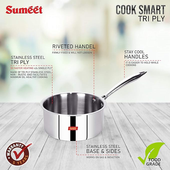 Sumeet Cook Smart Triply Sas (Steel-Aluminium-Steel 3 Layers) Sauce Pan - 1.7 Ltr - 16Cm