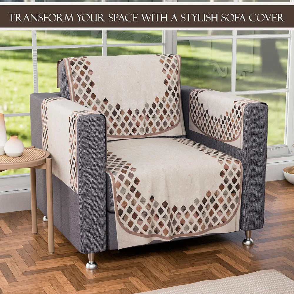 Kuber Industries Set of 16 Velvet Anti-Skid Sofa Cover 5-Seater with Arm Cover Dot Border Cream & Brown