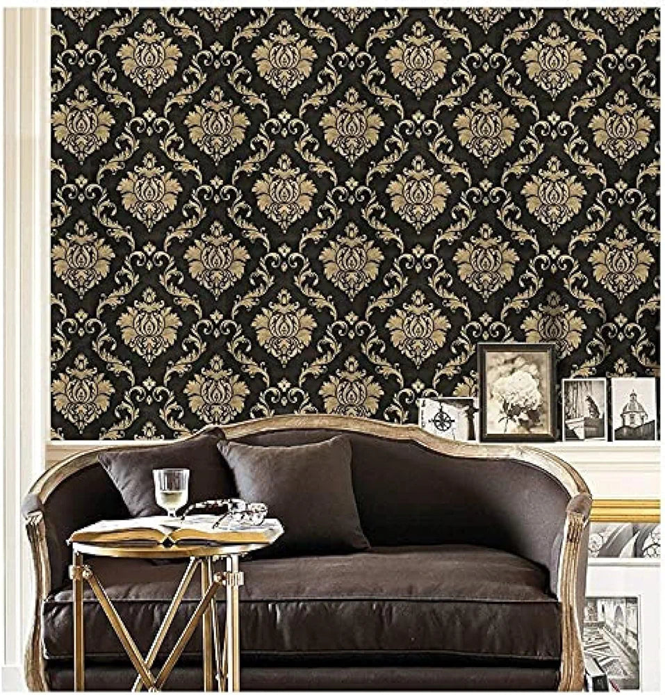 Jaamso Royals Black Color With Golden Damask Hall Wallpaper for Walls